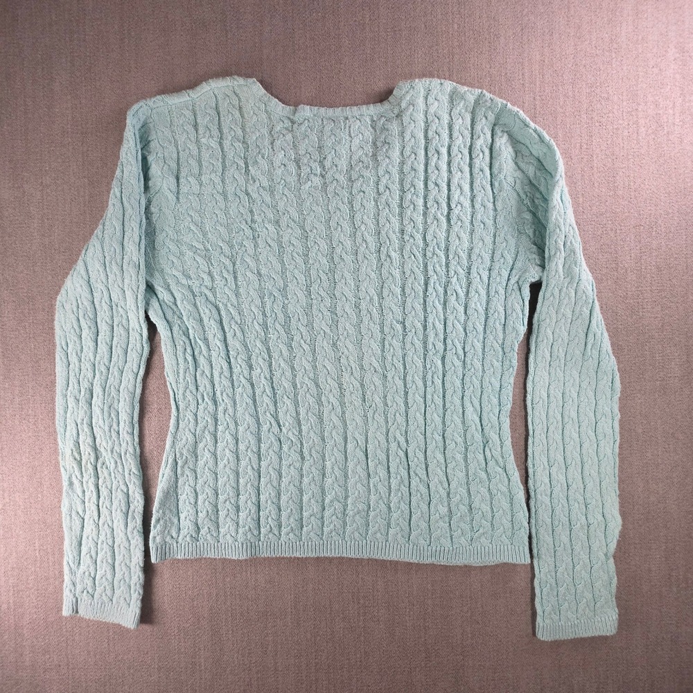 Talbots Sweater Womens Medium Petites Light Blue Cable Knit V-Neck Cotton Blend - Picture 2 of 16